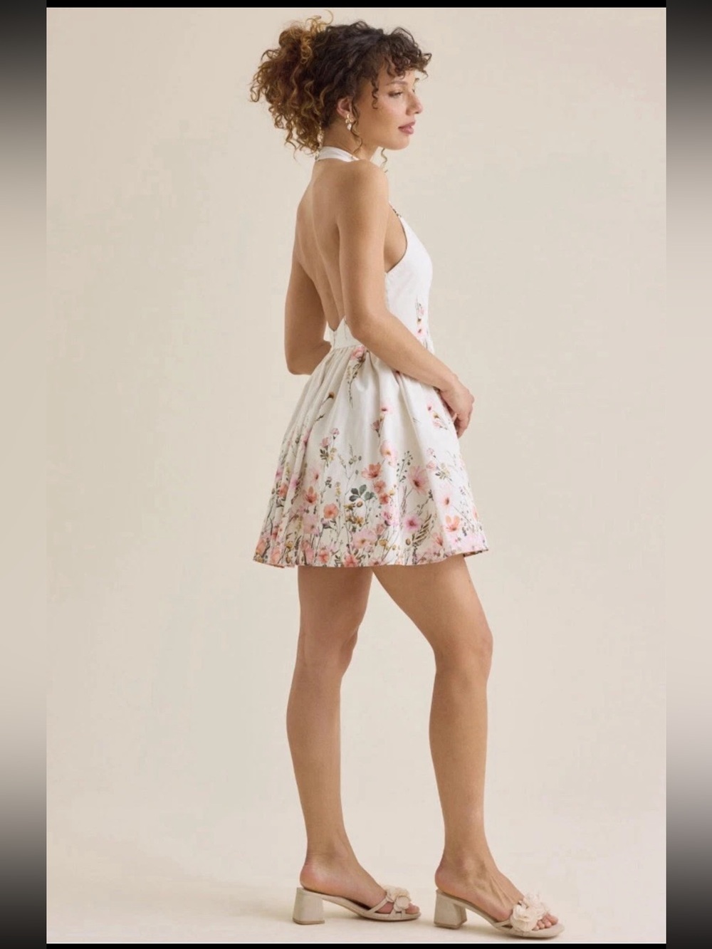 Altar'd State White halter Floral Midi Dress with Pink Blooms